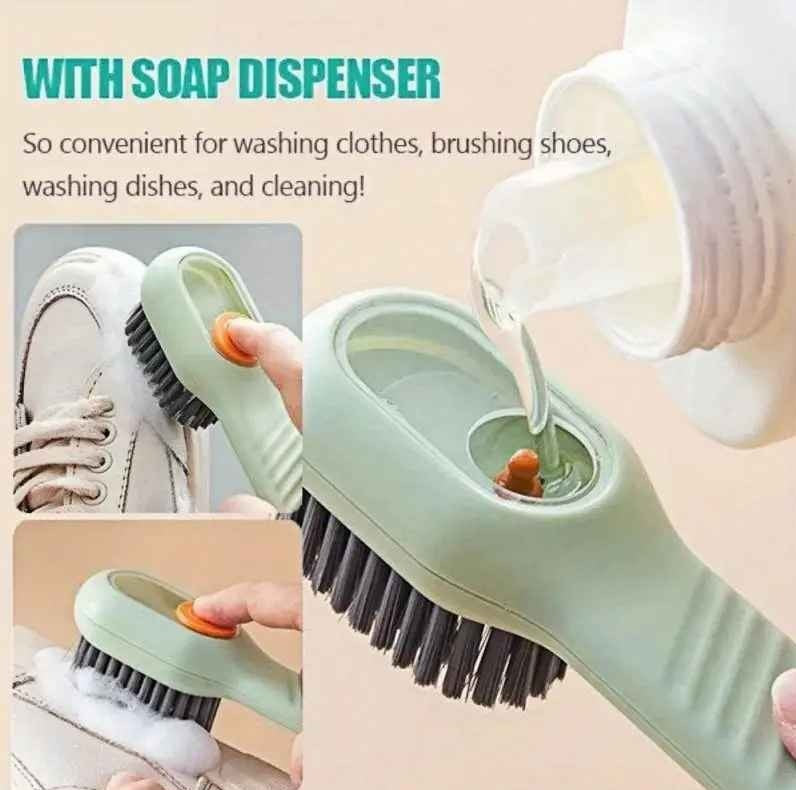 Multifunctional Shoe & Cleaning Brush with Built-in Liquid Dispenser – Long Handle, Soft Bristles for Kitchen & Bathroom